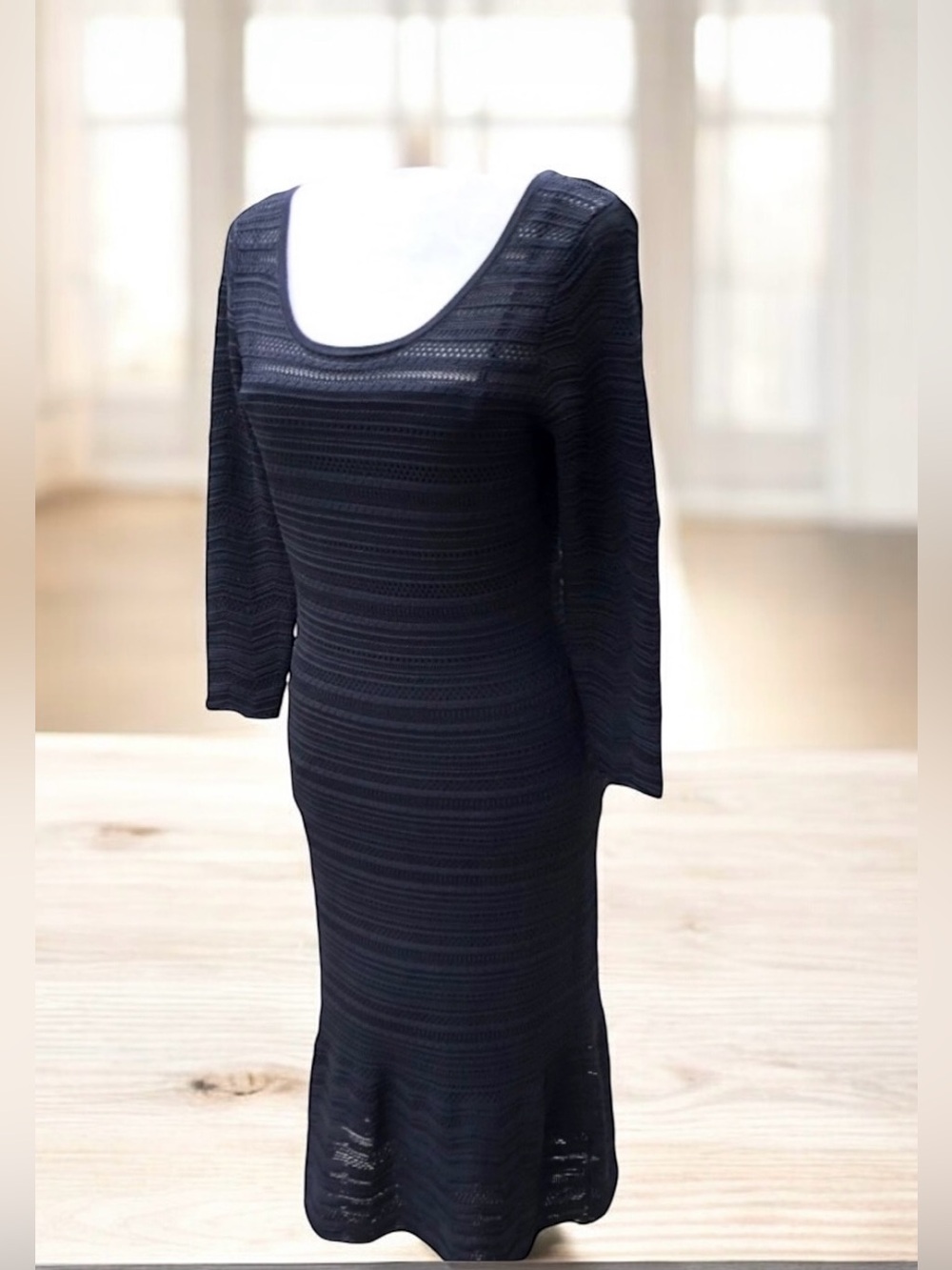 Lauren Ralph Lauren Midi Dress Black Knit Eyelet Stretch